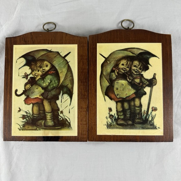 Hummel Accessories - Vintage Set of 2 Hummel Wood Wall Plaques 5" x 7" Boy And Girl Umbrella Rain